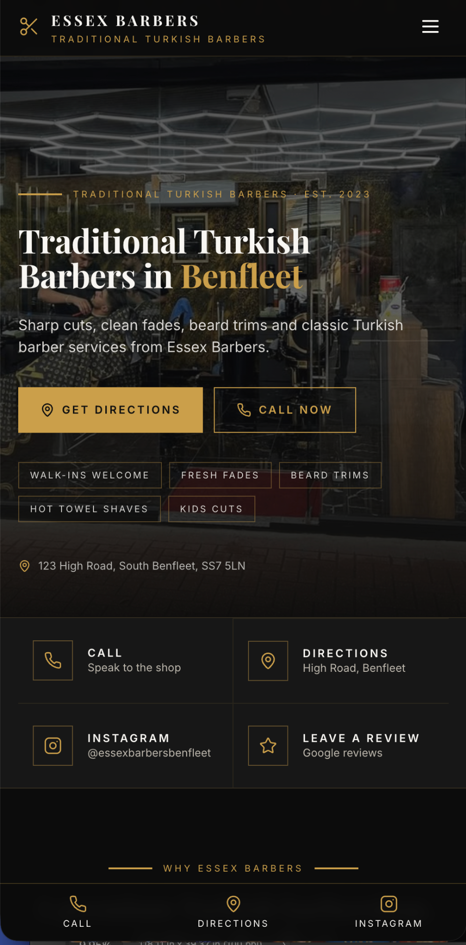 Essex Barbers website on mobile