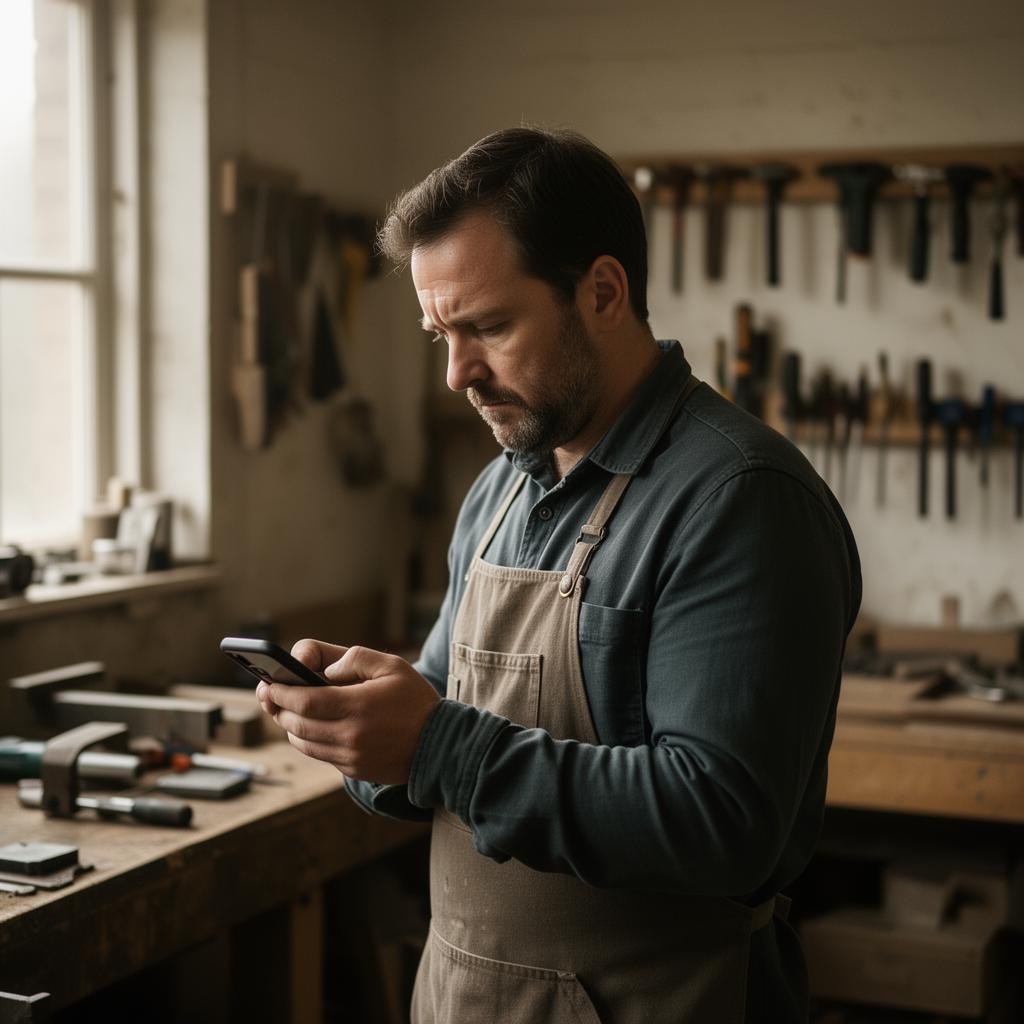 Small business owner checking his phone in a quiet workshop, waiting for enquiries